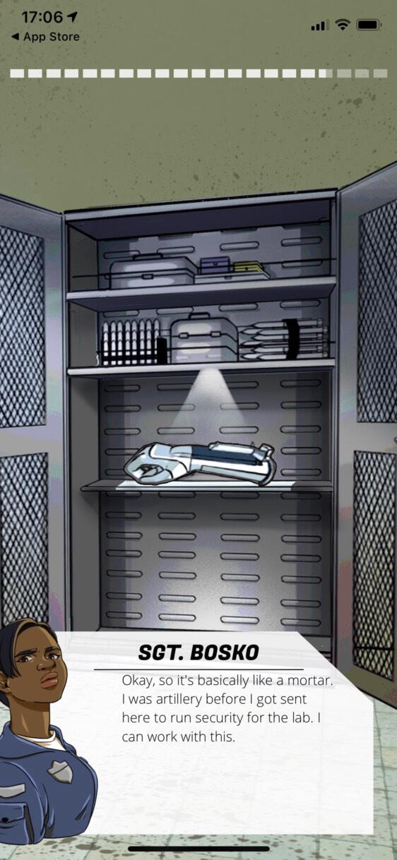 A weapons locker highlighting the prototype wrist-mounted rocket launcher